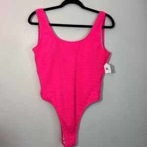 Hot pink one piece swim, high leg, Brazilian style bottom, scoop neck, XL #375